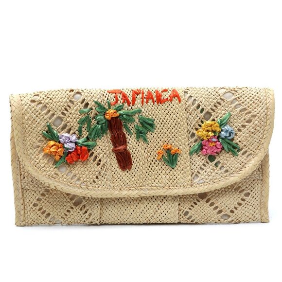 Vintage Straw Jamaica Clutch Woven Raffia Floral Palm Tree Handmade Beige - Picture 1 of 7